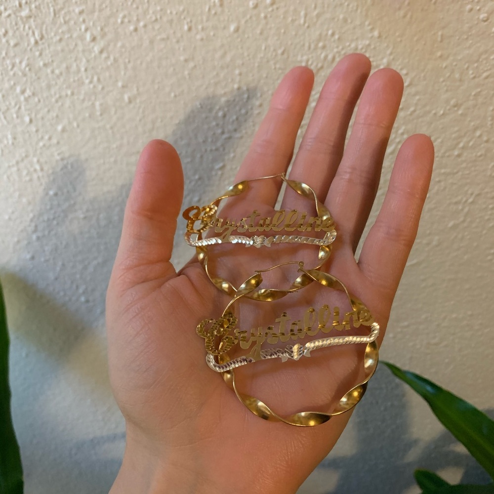 Tres Colori 18 Karat Gold Plated Nameplate Hoop Earrings: Crystal - Picture 7 of 13